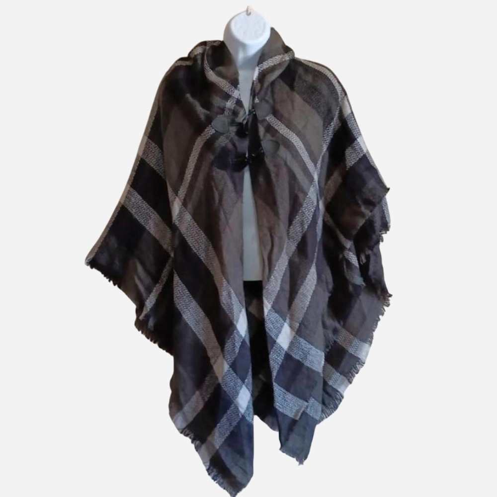 Mixit Black and Gray Checkered Cape Poncho Wrap NWT, Fall Winter One Size New